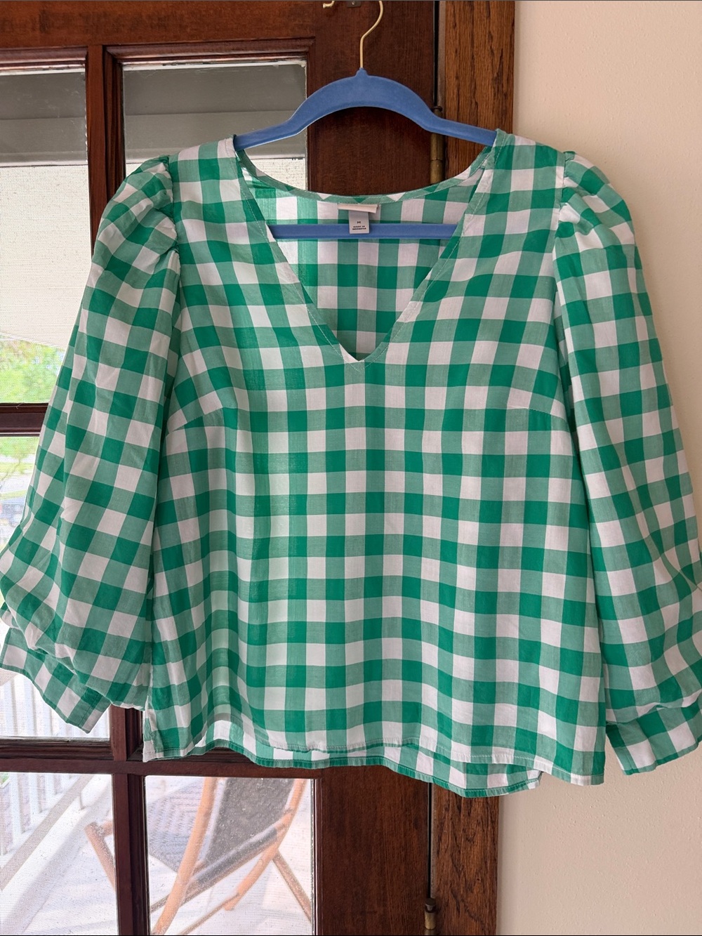 a new day Green and White Gingham V-Neck Puff Sleeve Blouse